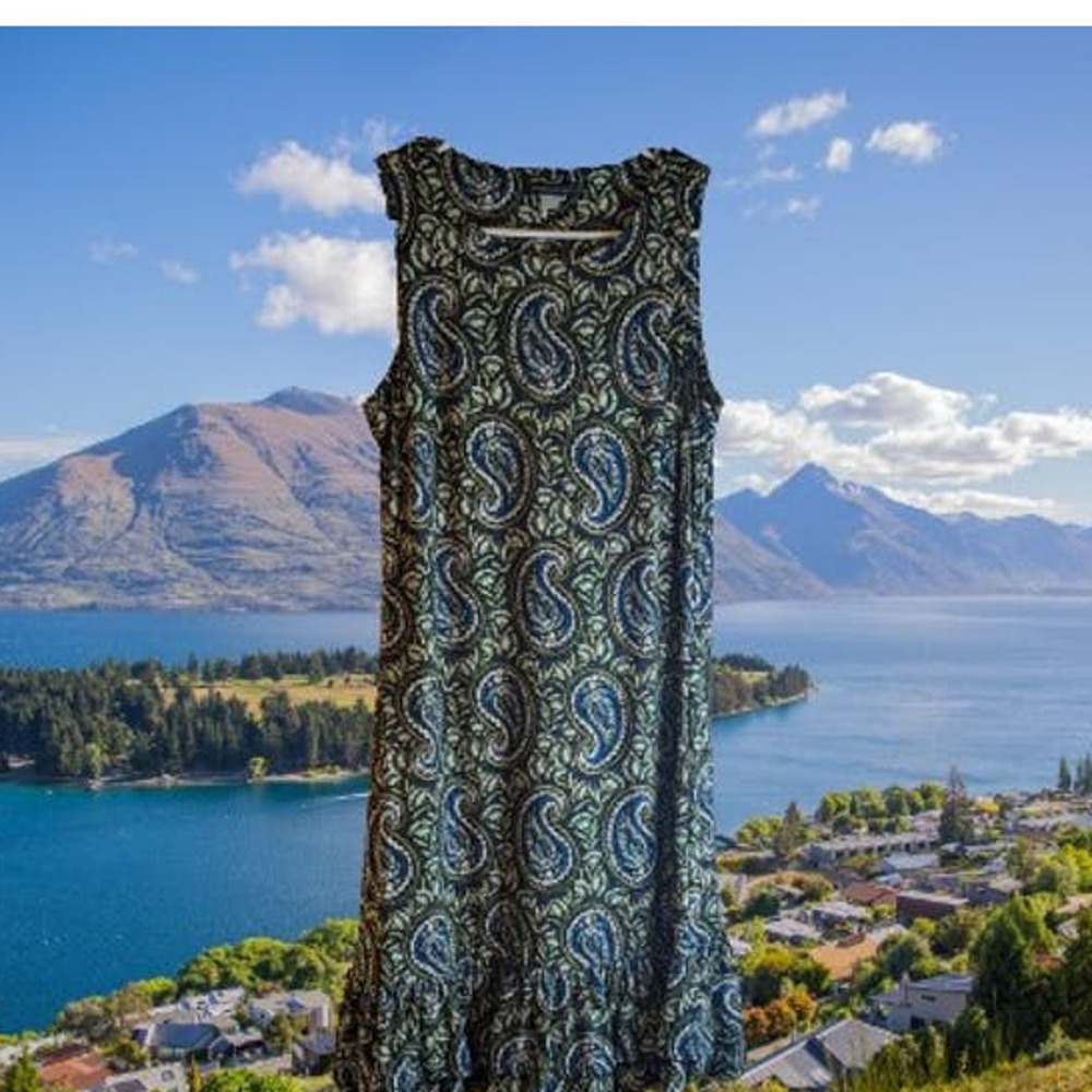 Tommy Hilfiger 6  blue, green, sleeveless paisley polyester blend stretch dress
